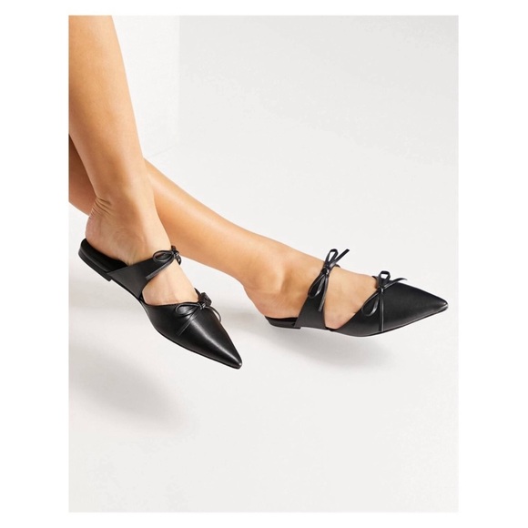 ASOS adorable black faux leather pointed bow slip on flats/mules - Picture 16 of 16